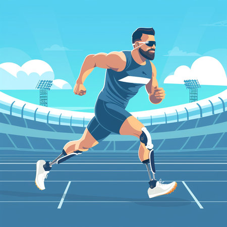 Man with prosthetic leg running in the stadium. Cartoon vector illustration.の素材