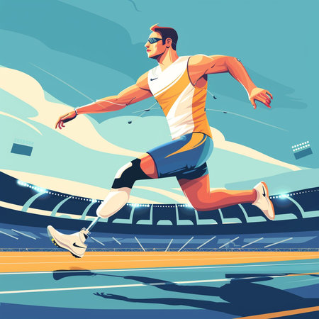 Running man in sportswear at stadium. Vector illustration in cartoon styleの素材