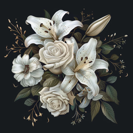 Bouquet of white lilies and white roses on a dark background.の素材