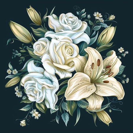 Beautiful vector floral bouquet with white lilies on dark backgroundの素材