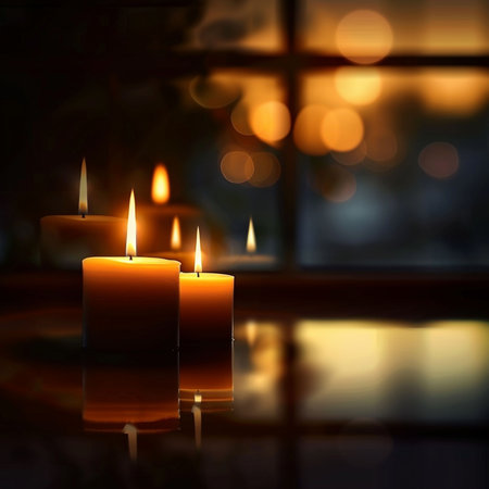 Burning candles on the background of the window with bokehの素材