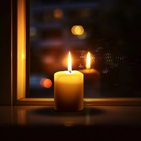 Burning candle in the window with bokeh background. Vector illustration.の素材