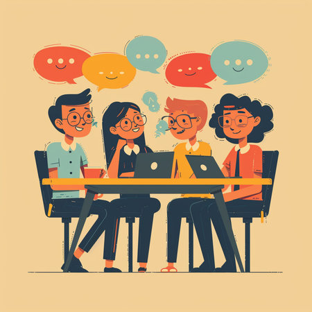 Group of business people sitting at the table and talking. Cartoon vector illustration.の素材