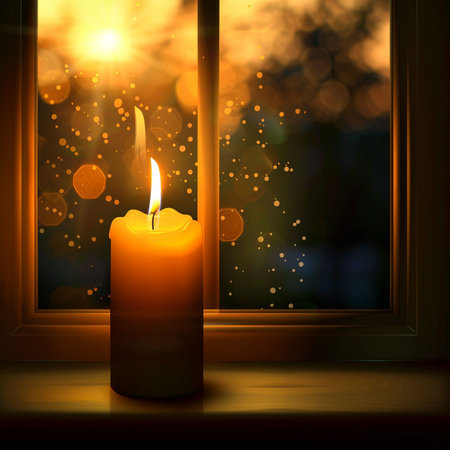 Burning candle in the window with bokeh background. Vector illustration.の素材