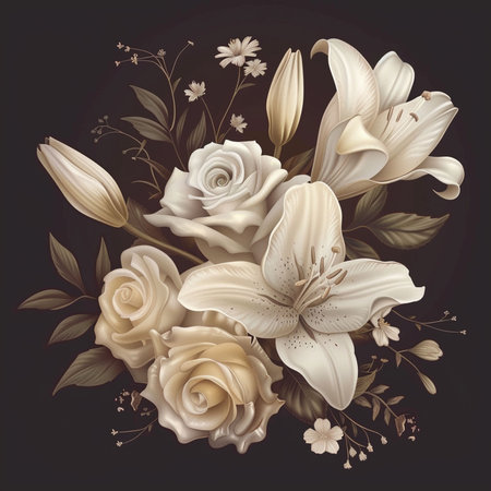 Beautiful floral bouquet with white lilies on dark background.の素材