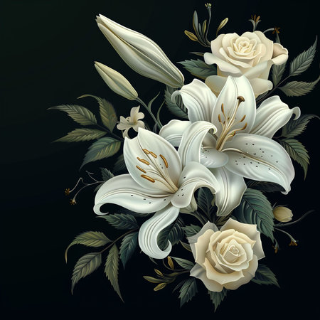 Bouquet of white lilies on a black background. Vector illustration.の素材