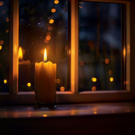 Burning candle on the background of a window with bokehの素材