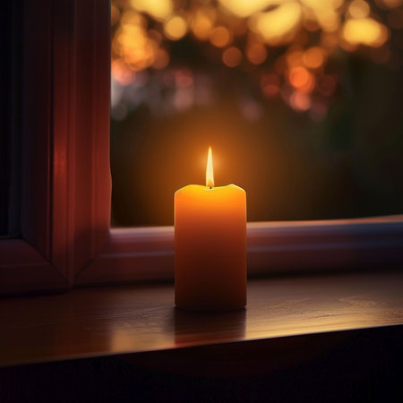 Burning candle on a window sill with bokeh background.の素材