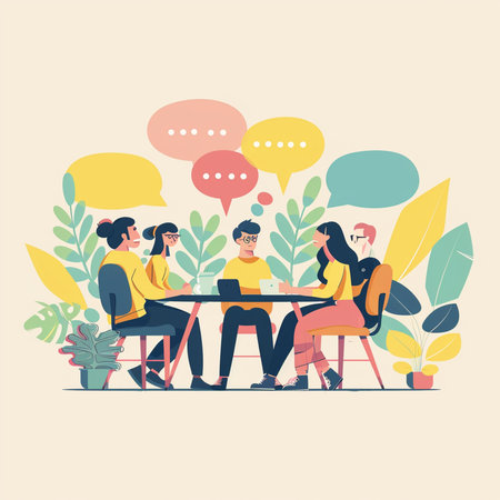Vector illustration of a group of people sitting at a table in a cafe and talking. Flat style.の素材