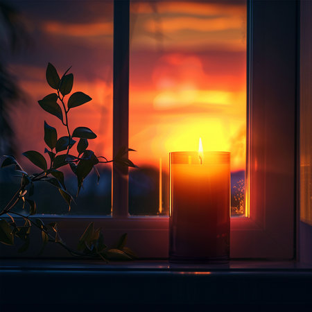 Burning candle on a window sill at sunset. Selective focus.の素材
