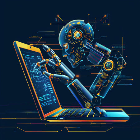 Robot with laptop. Artificial intelligence concept. Vector illustration in retro styleの素材
