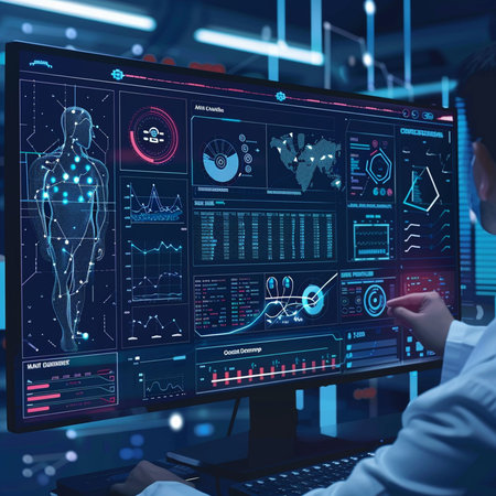 Side view of businesswoman working on computer with virtual interface. Innovation concept. 3D Renderingの素材