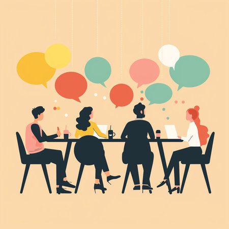 Vector illustration of a group of people sitting at a table and talking.の素材