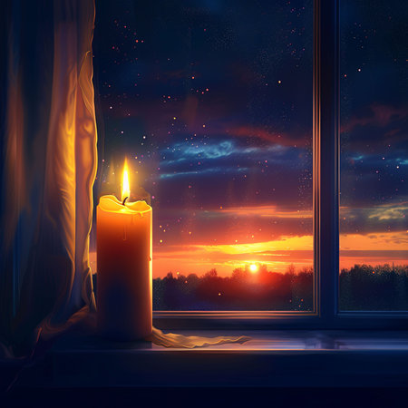 Burning candle on the windowsill against the background of the sunsetの素材