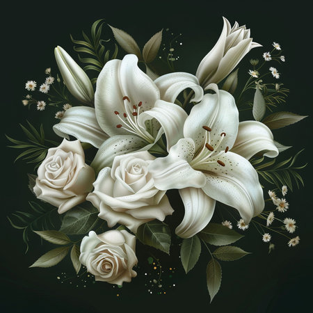 Beautiful bouquet of white lilies on a dark background.の素材