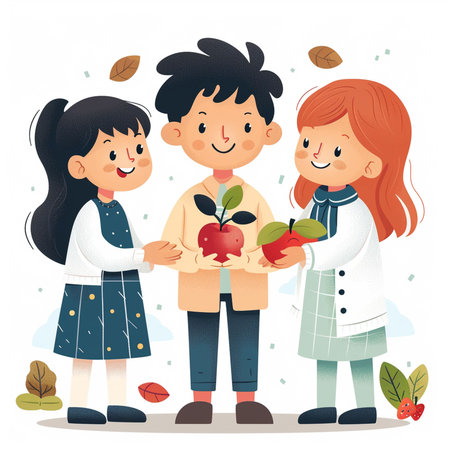 Children holding a basket with apples. Vector illustration in cartoon style.の素材