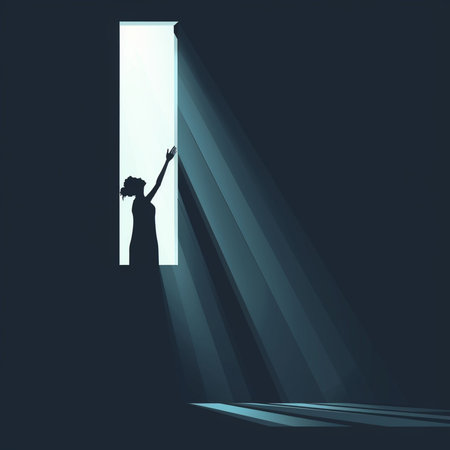 Silhouette of a woman opening door in a dark room.の素材