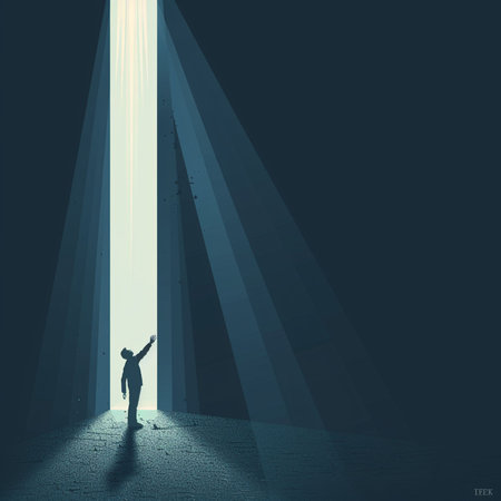 Silhouette of a man standing in front of a light beamの素材