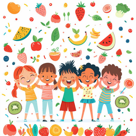 Happy kids eating healthy food, fruits and vegetables. Vector illustration.の素材