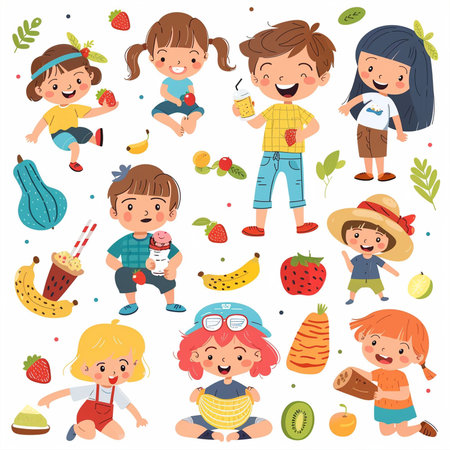 Cute cartoon kids eating different fruits and vegetables. Vector illustration.の素材