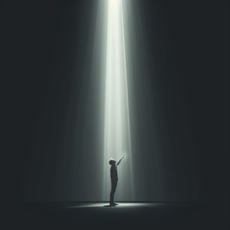 Businessman looking at a ray of light in a dark room.の素材