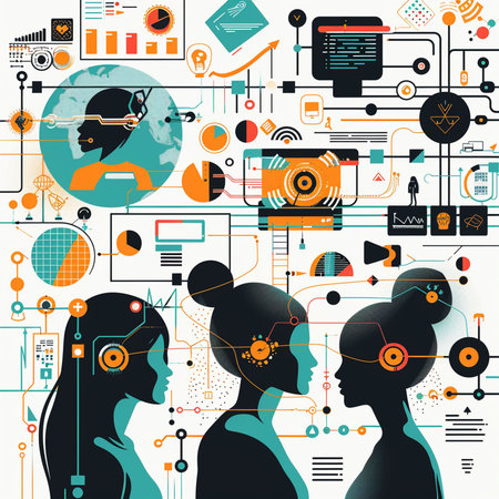 Silhouettes of people with various technology elements. Vector illustration.の素材