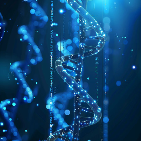 DNA helix structure on blue background, 3d illustration, horizontalの素材