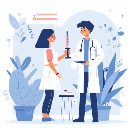 Doctor and nurse with syringe. Vector illustration in flat style.の素材