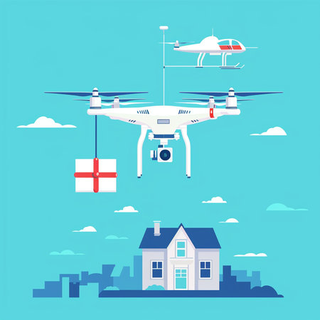 Drone flying over the city. Flat style. Vector illustration.の素材