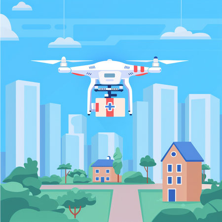 Drone flying with package on city background. Flat style vector illustration.の素材