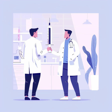 Doctor and patient shaking hands. Vector illustration in a flat style.の素材