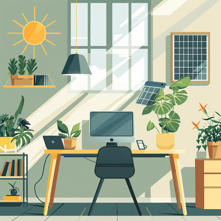 Workplace with computer and plants in flat style. Vector illustration.の素材
