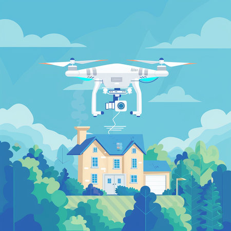 Drone flying over the house. Flat style vector illustration on blue background.の素材