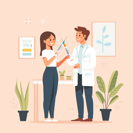 Doctor and patient in clinic. Vector illustration in flat cartoon style.の素材