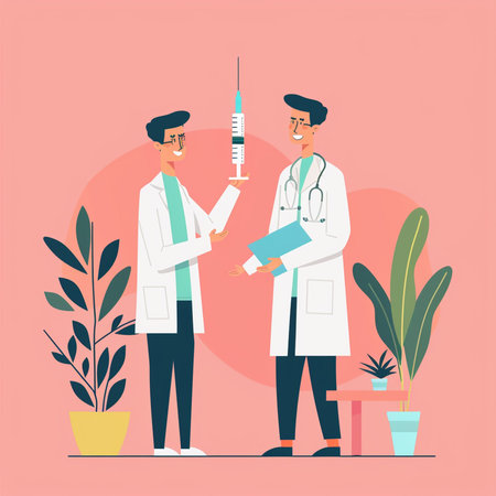 Two doctors with syringe. Vector illustration in flat cartoon style.の素材