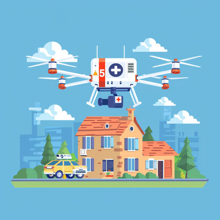 Drone flying around the house. Vector illustration in flat style.の素材