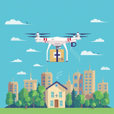 Drone flying over the city. Drone flying over the city. Vector illustrationの素材