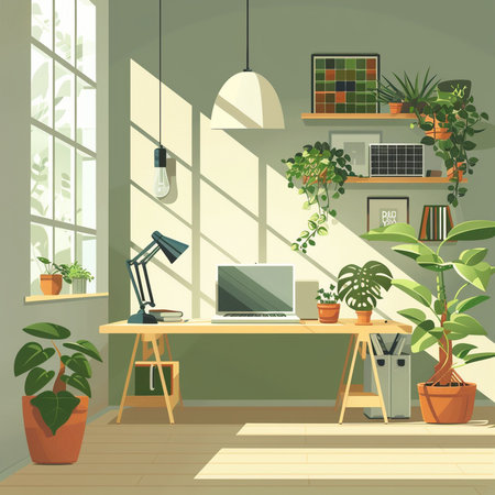 Working place with computer and plants in the room. Vector illustration.の素材