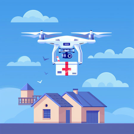 Drone quadcopter flying above the house. Flat design vector illustration.の素材