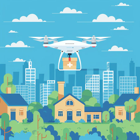 Drone flying over the city. Quadcopter with a package. Vector illustration.の素材