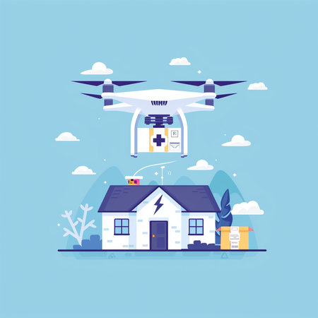 Drone flying over the house. Flat design vector illustration concept.の素材