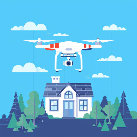 Drone flying over the house. Vector illustration in flat style.の素材