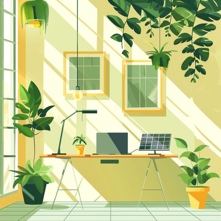 Modern office interior with green plants. Vector illustration in flat style.の素材