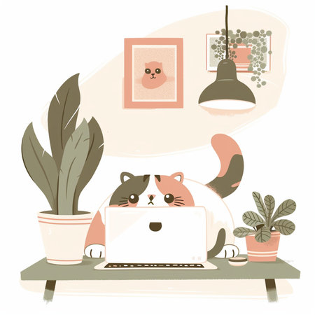Vector illustration of a cute cat working on a laptop at home.の素材
