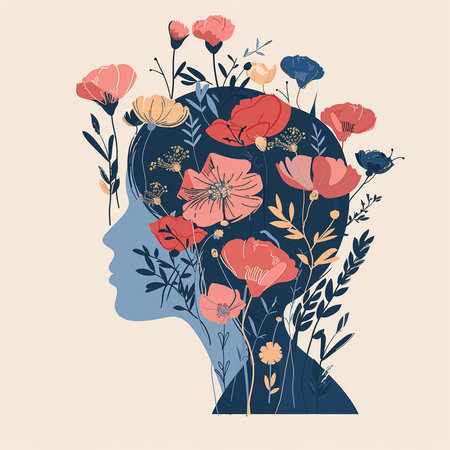 Human head silhouette with flowers and leaves. Vector illustration in retro style.の素材