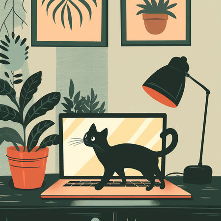 Laptop with cat on the table. Home office concept. Vector illustration.の素材