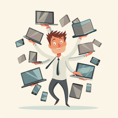 Businessman holding a lot of laptops. Vector illustration in cartoon style.の素材