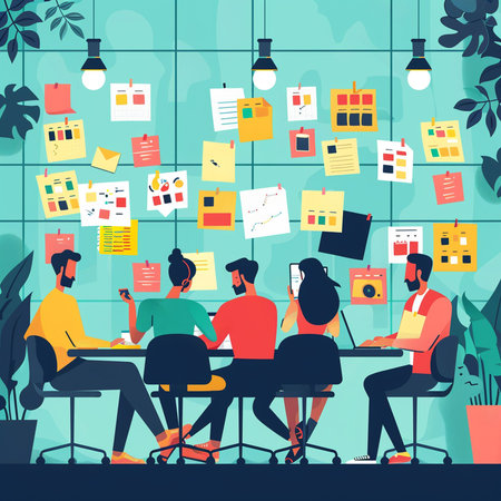 Flat design vector illustration concept of teamwork and brainstorming. Business people working in office.の素材