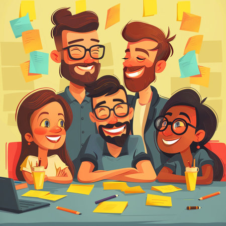 Group of happy people working together in office. Cartoon vector illustration.の素材