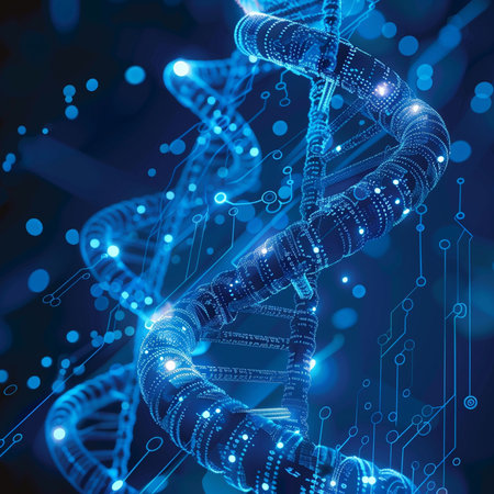 DNA helix on a blue background. 3d rendering, 3d illustration.の素材